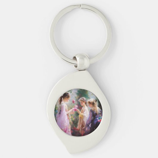 Drei Mädchen spielen im Garten Schlüsselanhänger (Vorderseite)