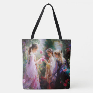 Drei Mädchen spielen im Garten Tasche