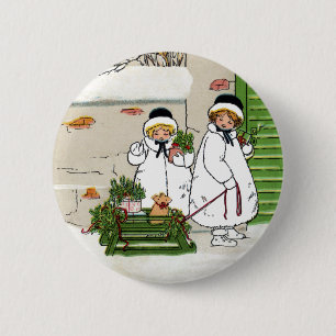 Drei Mädchen und Schwein in Sled Vintage Weihnach Button
