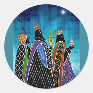 Drei Magi, die Geschenke im Sternenhimmel tragen Runder Aufkleber