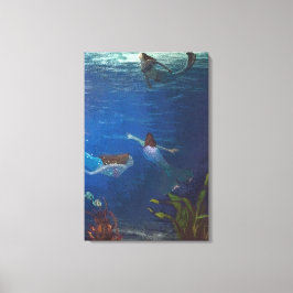 Drei Meerjungfrauen schwimmen unter Wasser Leinwanddruck