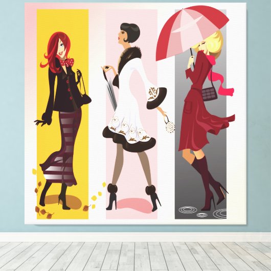 Drei Modemodelle 2 überzogene Canvas Leinwanddruck (Insitu (Holzboden))