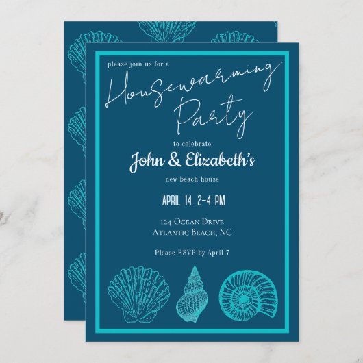 Drei Muschel Beach Housewarming Party Einladung (Vorne/Hinten)