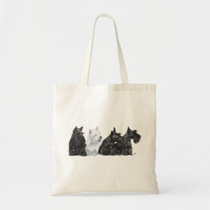 Drei neugierige Scotties und ein Westie Tragetasche