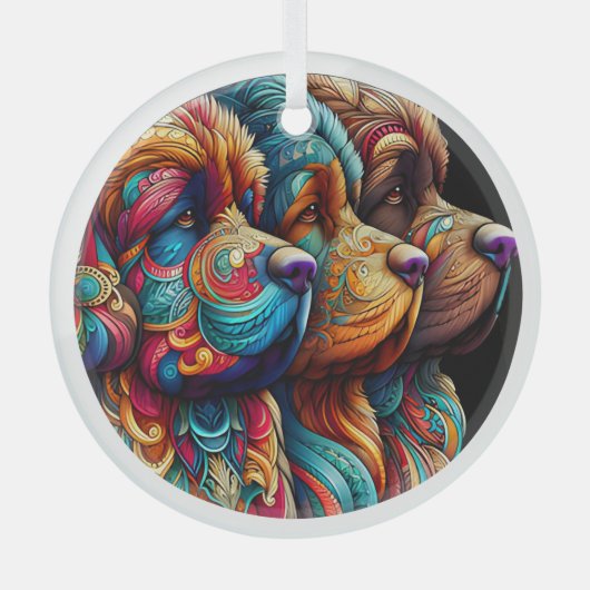 Drei Newf Heads Circle Glass Ornament Aus Glas (Vorderseite)
