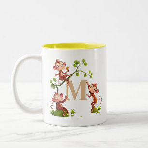 Drei niedliche Affen und Monogramm-Tasse Zweifarbige Tasse