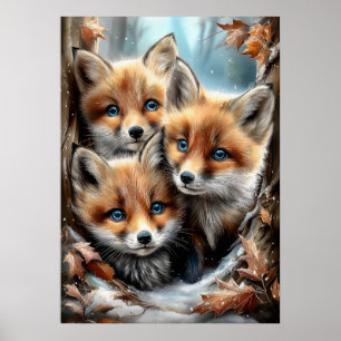 Drei niedliche Fuchswelpen im Wald Poster