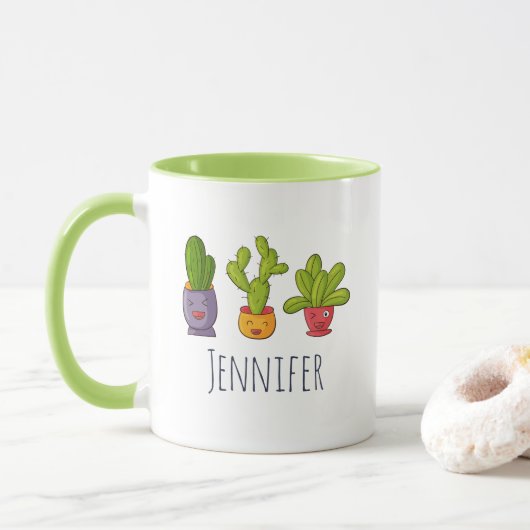 Drei Niedliche Kakteen in Blume Pots Fun Illustrat Tasse (Mit Donut)