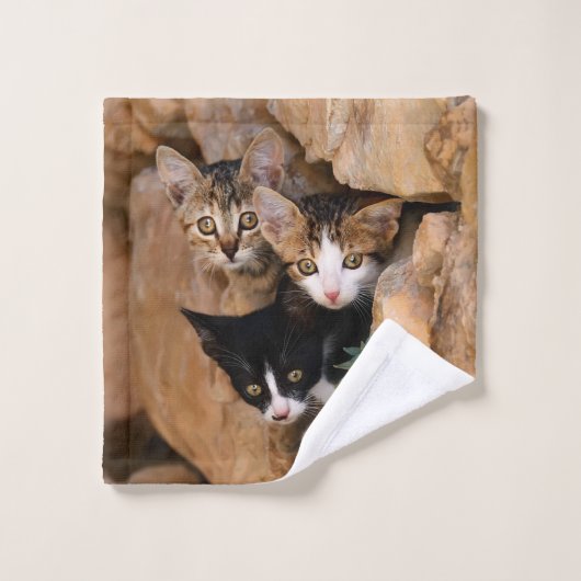 Drei Niedliche Neugierige Katzen Kätzchen Faces Fu Badhandtuch Set (Waschlappen)
