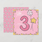 Drei - Niedliche rosa und gelbe Kinder 3. Geburtst Einladung (Vorne/Hinten)