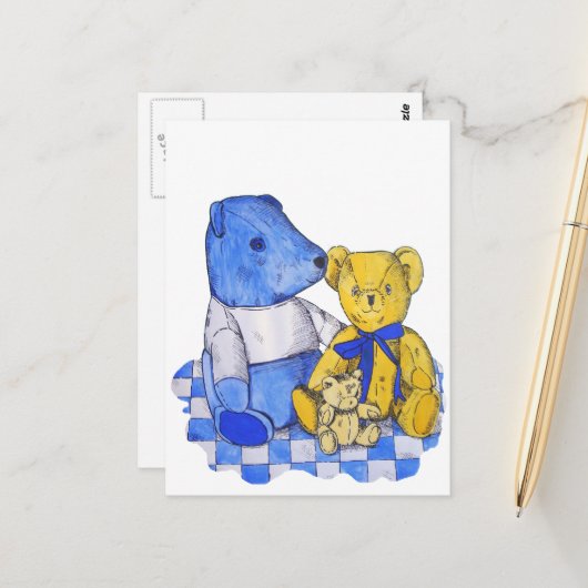 drei niedliche Teddies über Picknicktuch-Originalk Postkarte (Vorderseite/Rückseite Beispiel)