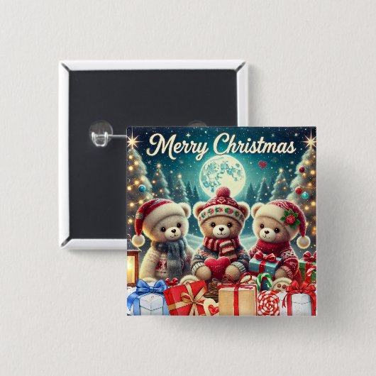 Drei Niedliche Teddy Bears Frohe Weihnachten Button (Vorne & Hinten)
