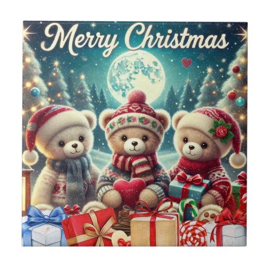 Drei Niedliche Teddy Bears Frohe Weihnachten Fliese (Vorderseite)