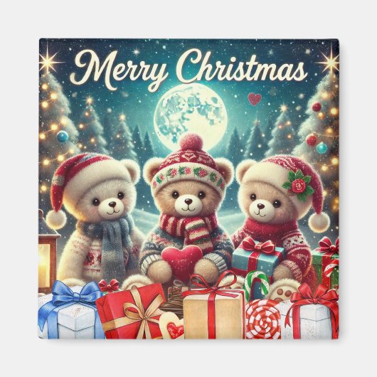 Drei Niedliche Teddy Bears Frohe Weihnachten Magnet (Vorne)