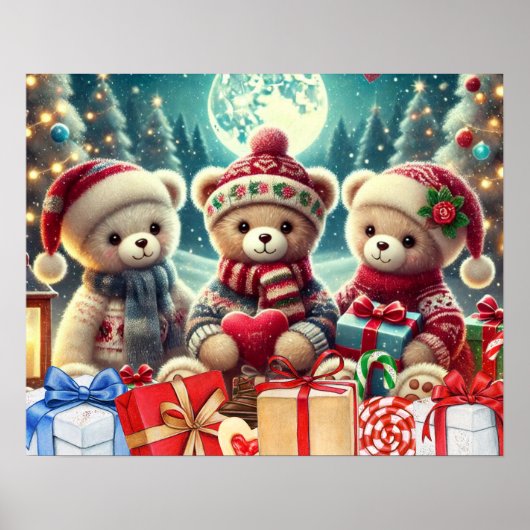 Drei Niedliche Teddy Bears Frohe Weihnachten Poster (Vorne)