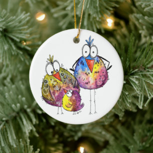 Drei Niedliche Whimsikfarbene Vögel Keramik Ornament