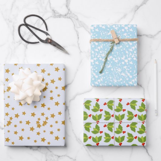 Drei Oberflächenmuster Sterne Schneebrnen Geschenkpapier Set (Vorderseite)