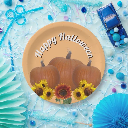 Drei Orange Pumpkins mit Sonnenblumen Halloween Pappteller (Party)