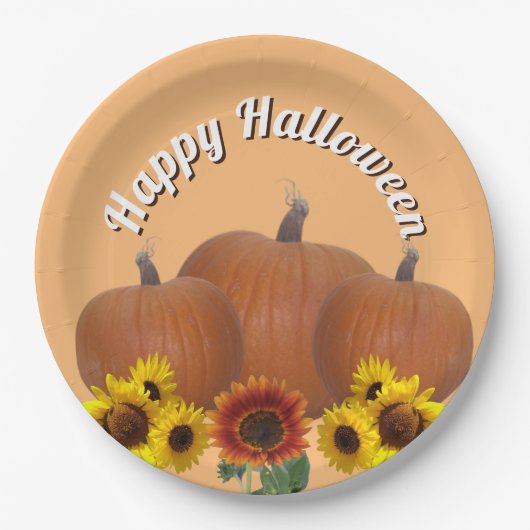 Drei Orange Pumpkins mit Sonnenblumen Halloween Pappteller (Vorderseite)