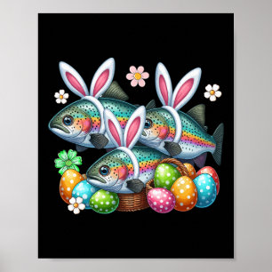 Drei Osterhasen-Forellen-Fische-Jagd-Eier-Skizze Poster