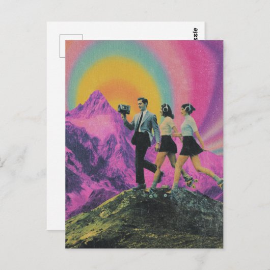 Drei Personen Skaten auf der Bergkette Surreal Postkarte (Vorne/Hinten)