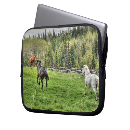 Drei Pferde auf frischem Gras im Paddock Laptopschutzhülle (Vorderseite Links)