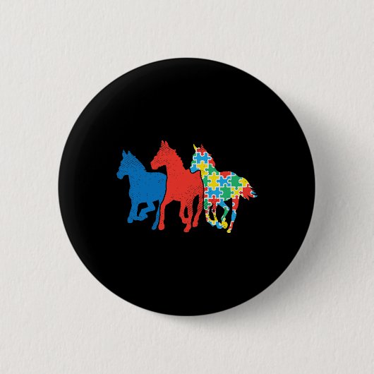 Drei Pferde Puzzle Rot Blau Autismus-Bewusstsein A Button (Vorderseite)