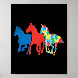Drei Pferde Puzzle Rot Blau Autismus-Bewusstsein A Poster