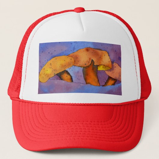 Drei Pilze, Toadstool, Pilze in Orange & Blau Truckerkappe (Vorderseite)