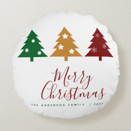 Drei Pine Tree Snowflakes Stars Frohe Weihnachten Rundes Kissen