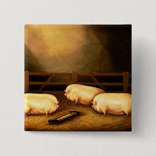 Drei Prize Schweine außerhalb eines Schweinestalls Button (Vorderseite)