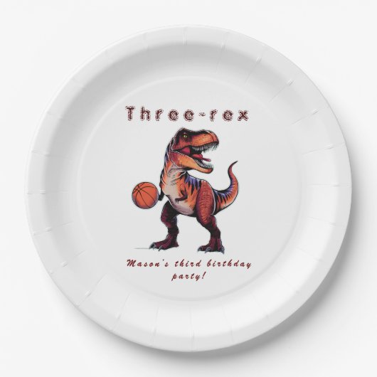 Drei-Rex Basketball Dino Geburtstag   Pappteller (Vorderseite)