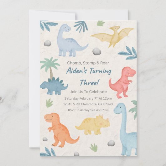 Drei Rex Dinosaurier 3. Geburtstag Einladung (Vorderseite)