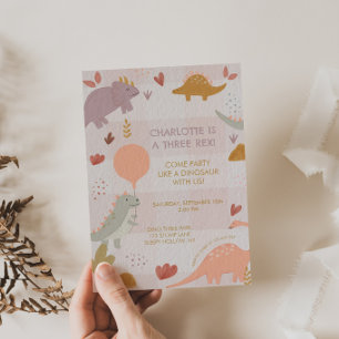 Drei Rex Dinosaurier 3. Mädchen Geburtstagseinladu Einladung
