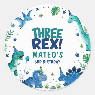 Drei Rex-Dinosaurier Blau 3. Geburtstag Runder Aufkleber