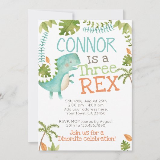 Drei Rex-Dinosaurier Einladung (Vorderseite)