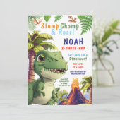 Drei Rex Dinosaurier Einladung zum Geburtstag (Stehend Vorderseite)