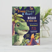 Drei Rex Dinosaurier Einladung zum Geburtstag (Stehend Vorderseite)