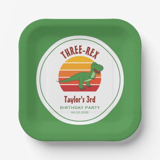 Drei Rex Dinosaurier Gender Neutral Fun 3. Geburts Pappteller (Vorderseite)
