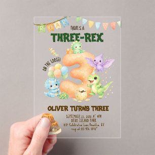 Drei-Rex-Dinosaurier Süßer Dino 3. Geburtstag Acryleinladungen