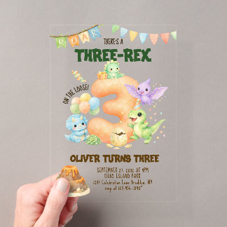 Drei-Rex-Dinosaurier Süßer Dino 3. Geburtstag Acryleinladungen