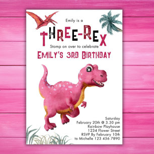 Drei-Rex-Mädchen 3. Geburtstag Dinosaurier Rosa Di Einladung
