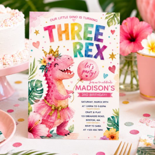 Drei REX Regenbogen-Dinosaurier-Mädchen-Geburtstag Einladung