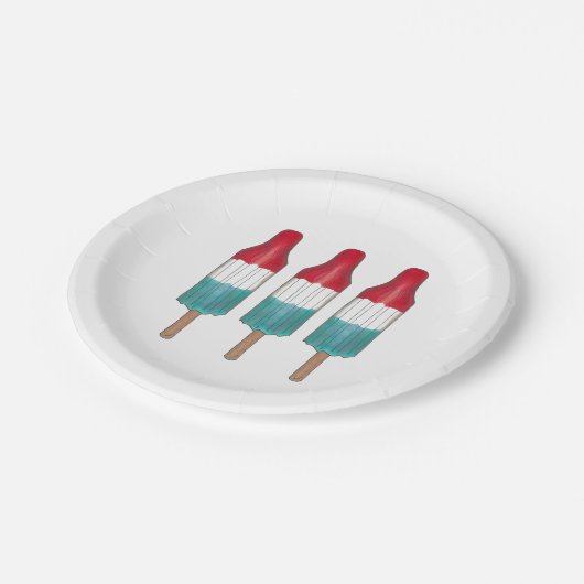 Drei Rocket-Pop 4. Juli Red White Blue Popsims Pappteller (Schrägansicht)