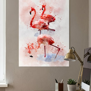 Drei rosa Flamingos im Wasserfarben-Kunstprint Poster