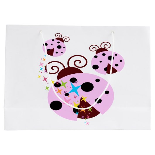 Drei rosa und schwarzer Marienkäfer mit Sternen Große Geschenktüte (Rückseite)