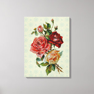 Drei Rosen auf Vintage-Pastellgrün-Pattern-Leinwan Leinwanddruck