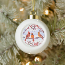 Drei rote Kardinäle in Schneezweigen Keramik Kugel-Ornament