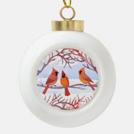 Drei rote Kardinäle in Schneezweigen Keramik Kugel-Ornament