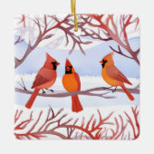 Drei rote Kardinäle in Schneezweigen Keramikornament (Vorderseite)